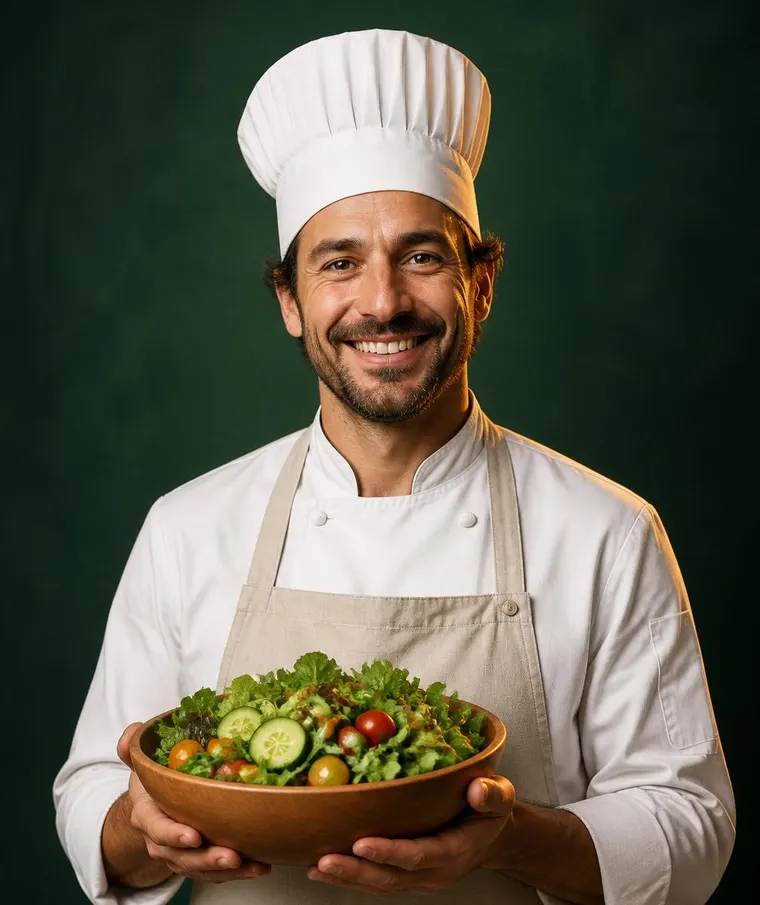 Smiling chef in a white toque holding a bowl of fresh salad