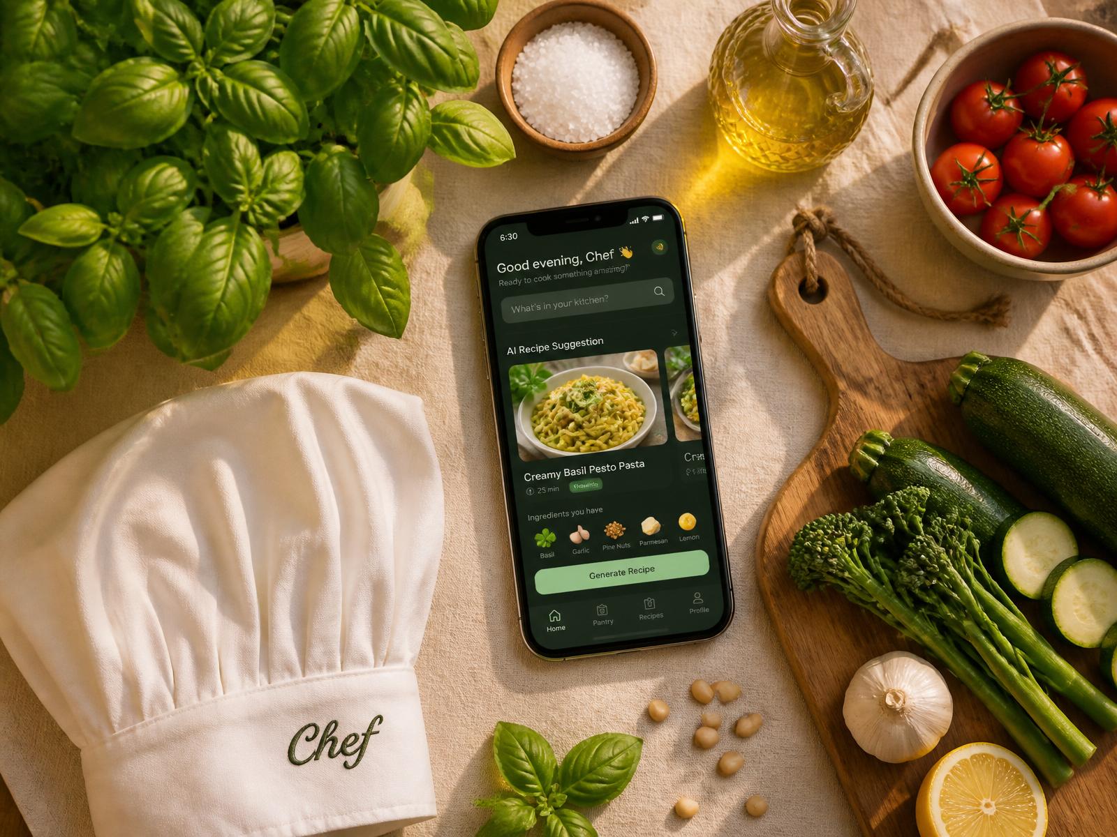 AI recipe generator app on a phone next to a white chef's toque and fresh basil and vegetables