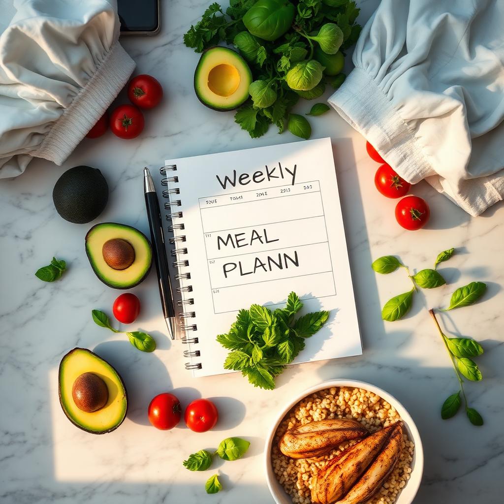 Weekly meal plan notebook with fresh avocado, tomatoes, grilled chicken and basil on a marble counter